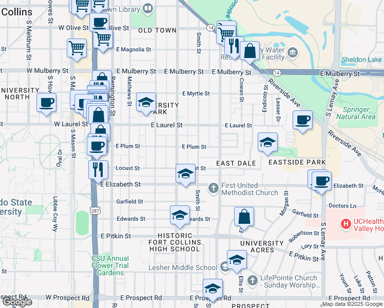 map of restaurants, bars, coffee shops, grocery stores, and more near 521 East Plum Street in Fort Collins