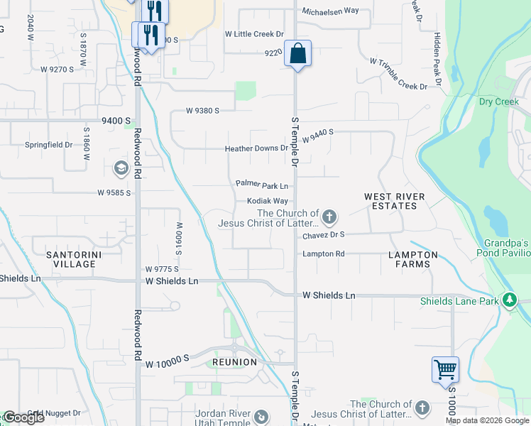 map of restaurants, bars, coffee shops, grocery stores, and more near 1391 Kodiak Way in South Jordan
