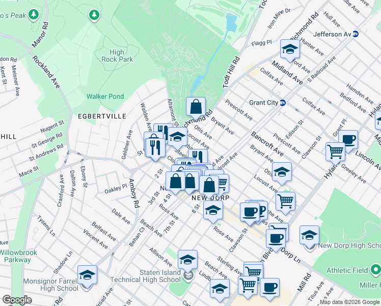 map of restaurants, bars, coffee shops, grocery stores, and more near 55 Burbank Avenue in Staten Island
