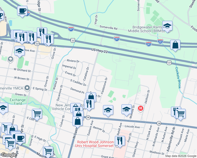 map of restaurants, bars, coffee shops, grocery stores, and more near 16 Fieldstone Drive in Somerville