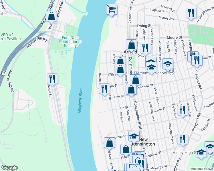 map of restaurants, bars, coffee shops, grocery stores, and more near 1610 3rd Avenue in Arnold