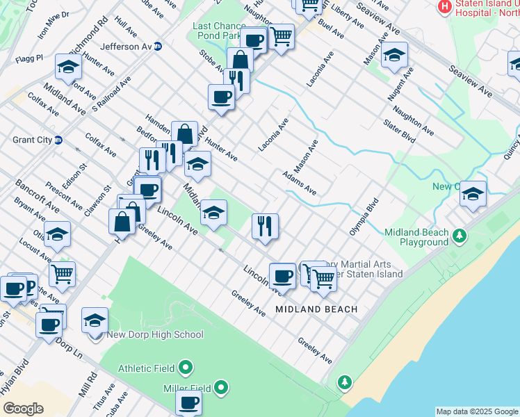 map of restaurants, bars, coffee shops, grocery stores, and more near 457 Bedford Avenue in Staten Island
