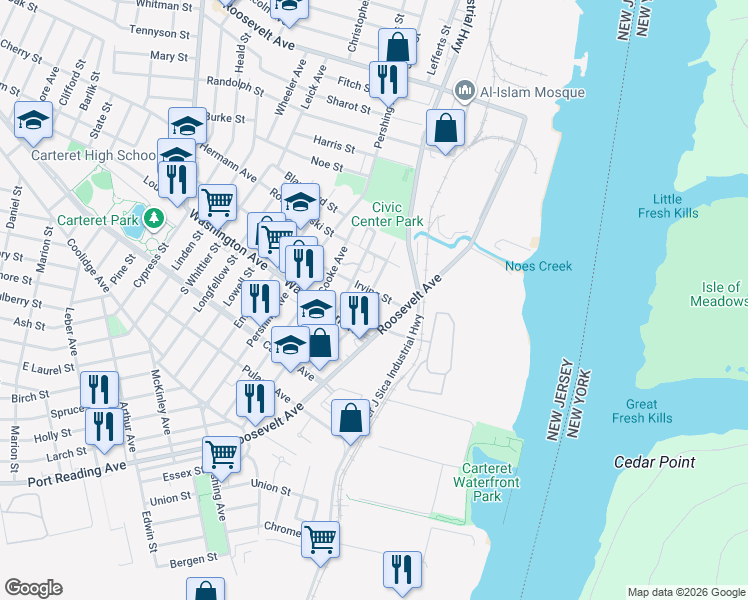 map of restaurants, bars, coffee shops, grocery stores, and more near 43 Irving Street in Carteret