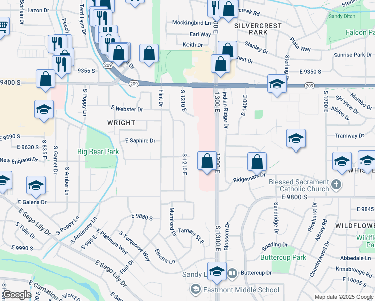 map of restaurants, bars, coffee shops, grocery stores, and more near 9633 South 1210 East in Sandy
