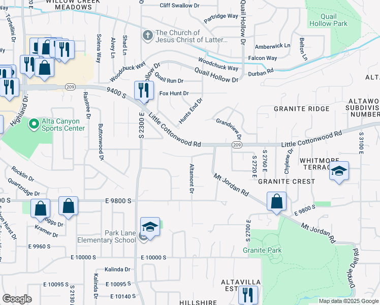 map of restaurants, bars, coffee shops, grocery stores, and more near 2495 Granite Hills Circle in Sandy