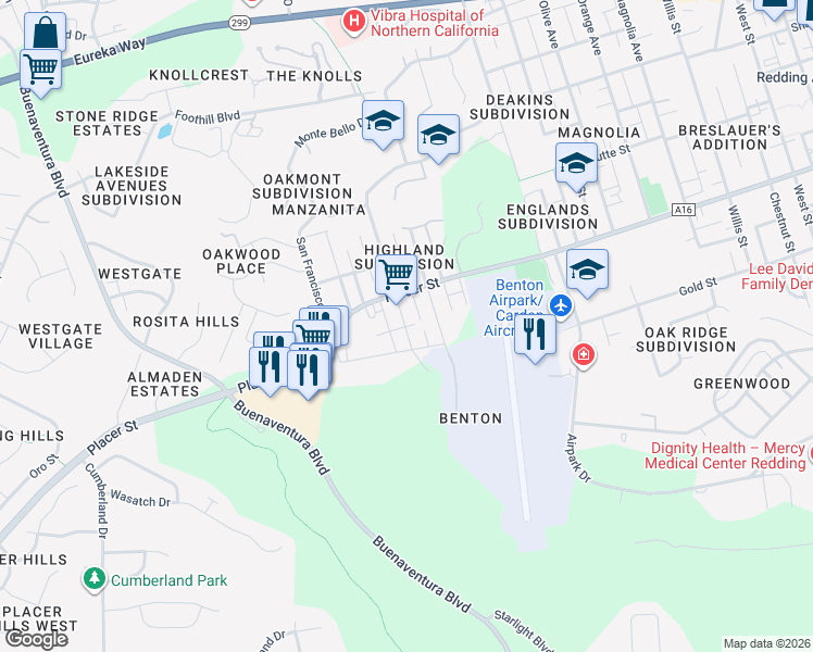 map of restaurants, bars, coffee shops, grocery stores, and more near Sacramento Street & Pleasant Street in Redding