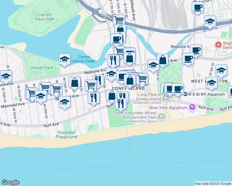 map of restaurants, bars, coffee shops, grocery stores, and more near 2902 West 19th Street in Brooklyn