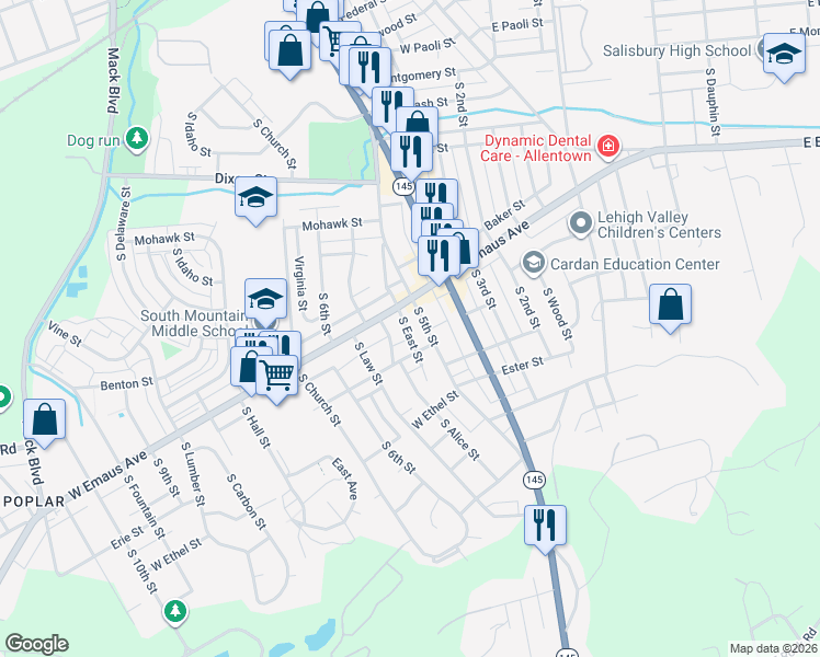 map of restaurants, bars, coffee shops, grocery stores, and more near 518 South East Street in Allentown