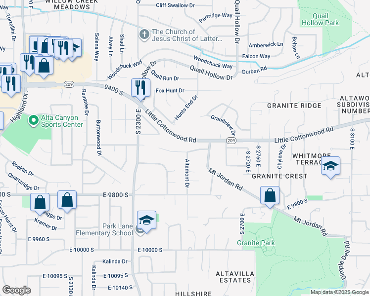 map of restaurants, bars, coffee shops, grocery stores, and more near 2495 Granite Hills Circle in Sandy