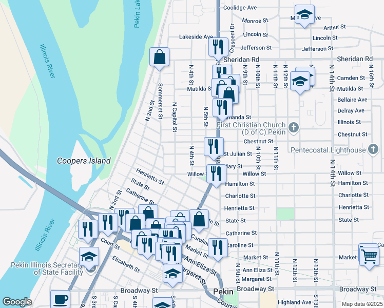 map of restaurants, bars, coffee shops, grocery stores, and more near North 4th Street in Pekin