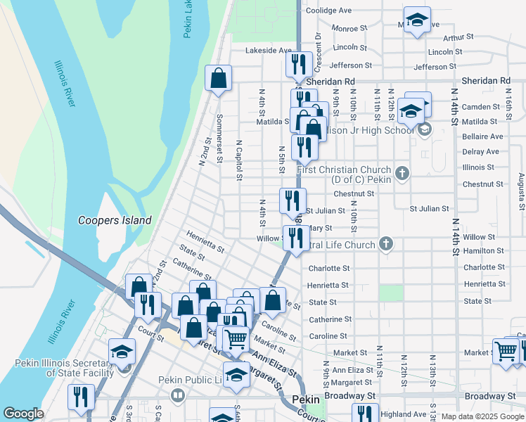 map of restaurants, bars, coffee shops, grocery stores, and more near North 4th Street in Pekin