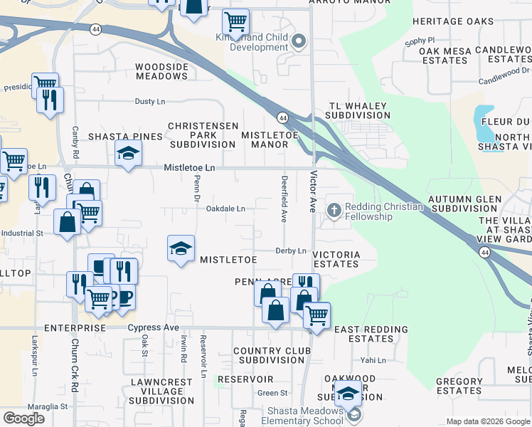 map of restaurants, bars, coffee shops, grocery stores, and more near 1605 Oakdale Lane in Redding