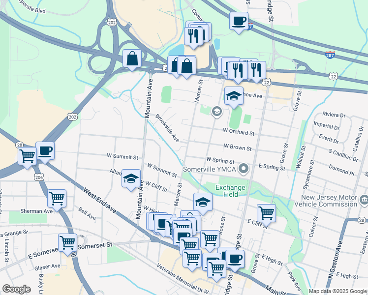map of restaurants, bars, coffee shops, grocery stores, and more near 121 Mercer Street in Somerville
