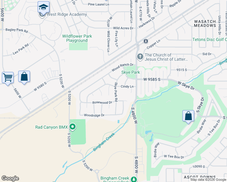 map of restaurants, bars, coffee shops, grocery stores, and more near 9636 Skye Park Road in South Jordan