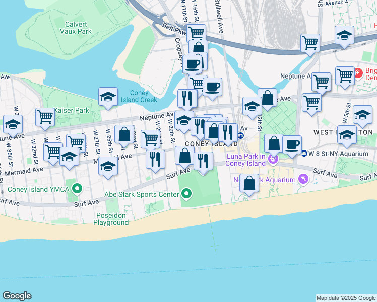 map of restaurants, bars, coffee shops, grocery stores, and more near 2902 West 19th Street in Brooklyn