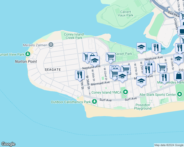 map of restaurants, bars, coffee shops, grocery stores, and more near 2832 West 35th Street in Brooklyn