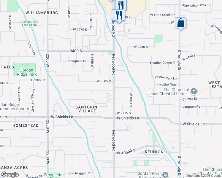map of restaurants, bars, coffee shops, grocery stores, and more near 1718 West 9640 South in South Jordan