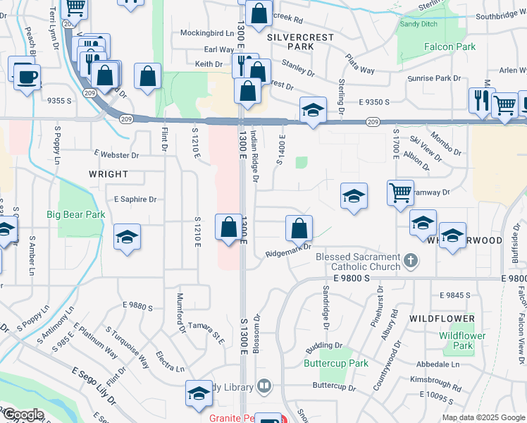 map of restaurants, bars, coffee shops, grocery stores, and more near 1356 Eastpoint Drive in Sandy