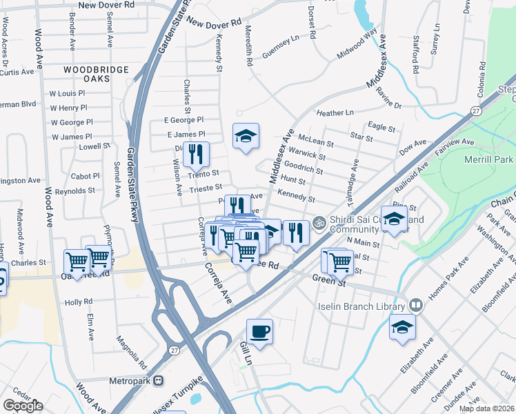 map of restaurants, bars, coffee shops, grocery stores, and more near 8 Fiat Avenue in Woodbridge Township