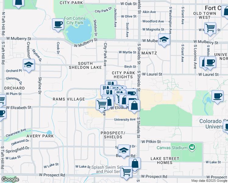 map of restaurants, bars, coffee shops, grocery stores, and more near in Fort Collins