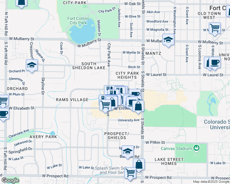 map of restaurants, bars, coffee shops, grocery stores, and more near 1323 West Plum Street in Fort Collins