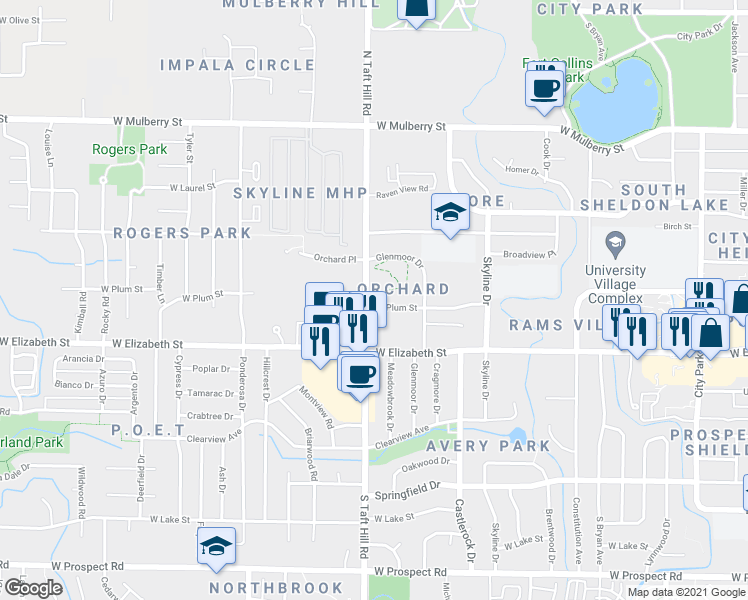 map of restaurants, bars, coffee shops, grocery stores, and more near 2020 West Plum Street in Fort Collins