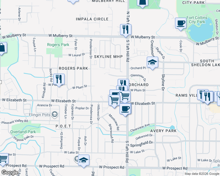 map of restaurants, bars, coffee shops, grocery stores, and more near 2156 West Plum Street in Fort Collins