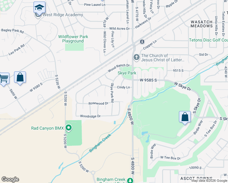 map of restaurants, bars, coffee shops, grocery stores, and more near 9629 Skye Park Road in South Jordan