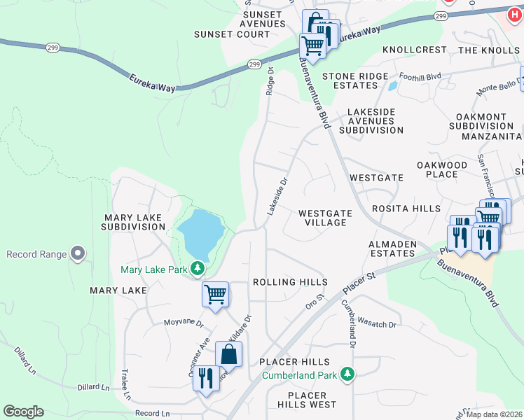 map of restaurants, bars, coffee shops, grocery stores, and more near 1516 Lakeside Drive in Redding