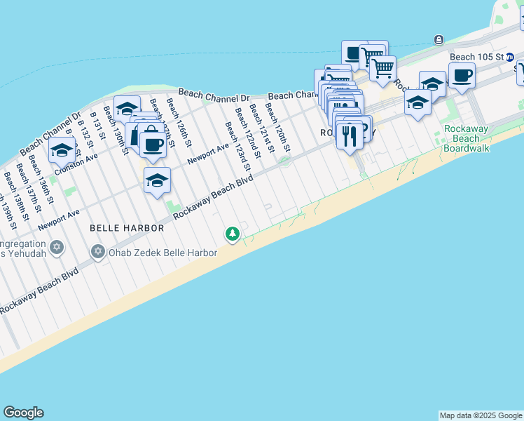 map of restaurants, bars, coffee shops, grocery stores, and more near 150 Beach 123rd Street in Queens