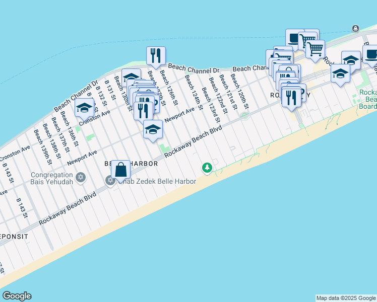 map of restaurants, bars, coffee shops, grocery stores, and more near 1-99 Beach 127th Street in Queens