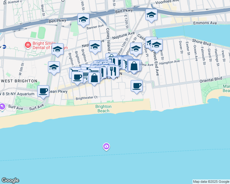 map of restaurants, bars, coffee shops, grocery stores, and more near 80 Oceana Drive West in Brooklyn