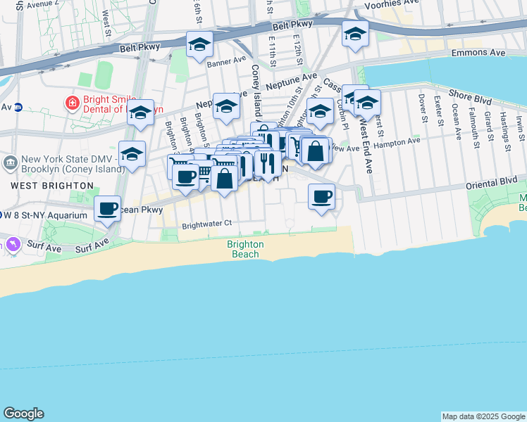 map of restaurants, bars, coffee shops, grocery stores, and more near 80 Oceana Drive West in Brooklyn