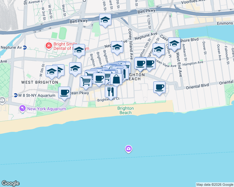 map of restaurants, bars, coffee shops, grocery stores, and more near 3099 Brighton 5th Street in Brooklyn