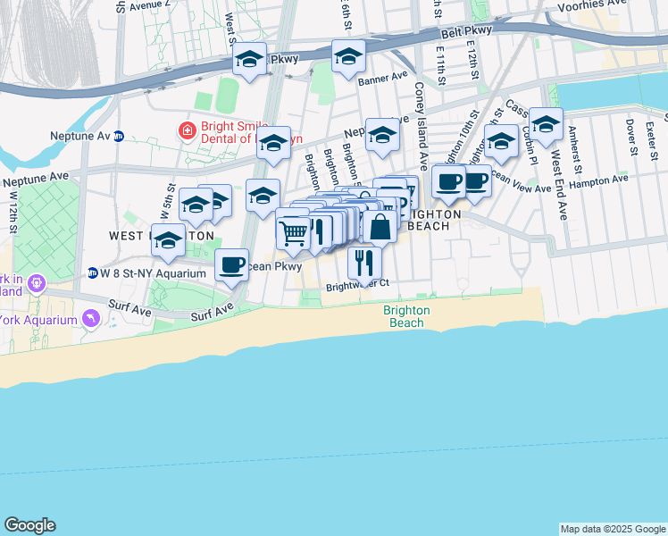 map of restaurants, bars, coffee shops, grocery stores, and more near 3110 Brighton 4th Street in Brooklyn