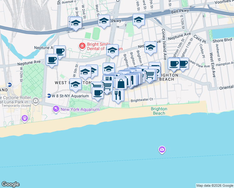 map of restaurants, bars, coffee shops, grocery stores, and more near 229 Brighton Beach Avenue in Brooklyn