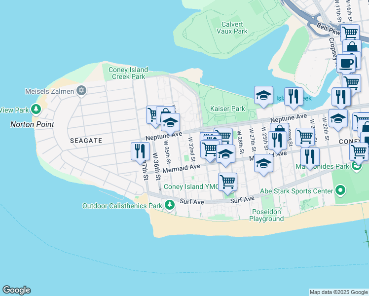 map of restaurants, bars, coffee shops, grocery stores, and more near 2839 West 33rd Street in Brooklyn