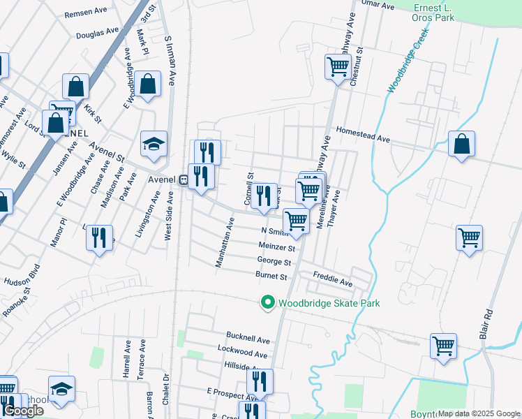 map of restaurants, bars, coffee shops, grocery stores, and more near 59 Harvard Avenue in Woodbridge Township