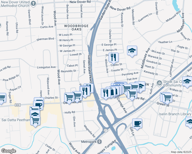 map of restaurants, bars, coffee shops, grocery stores, and more near 164 Pershing Avenue in Woodbridge Township