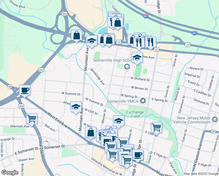 map of restaurants, bars, coffee shops, grocery stores, and more near 123 Mercer Street in Somerville