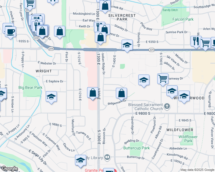 map of restaurants, bars, coffee shops, grocery stores, and more near 1356 Eastpoint Drive in Sandy