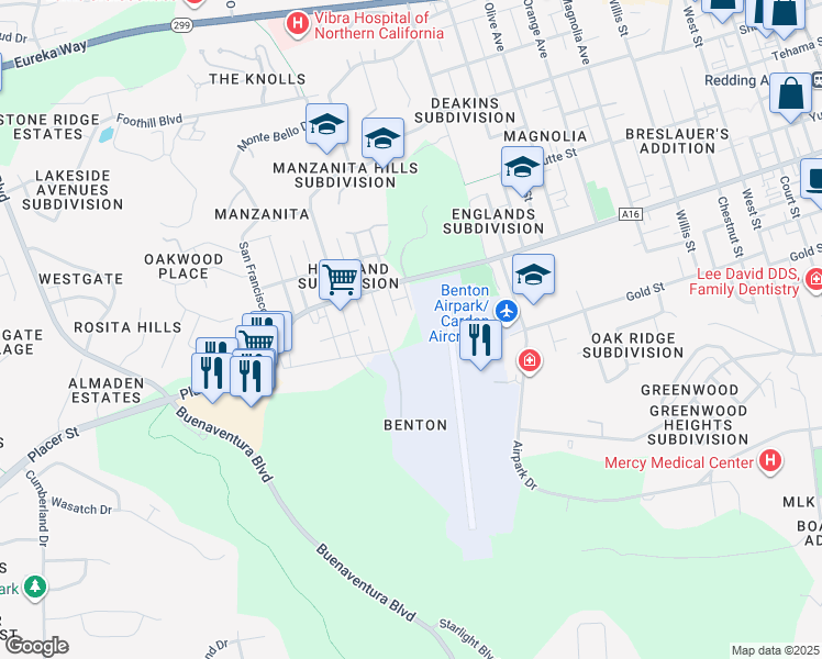 map of restaurants, bars, coffee shops, grocery stores, and more near 1800 Highland Avenue in Redding