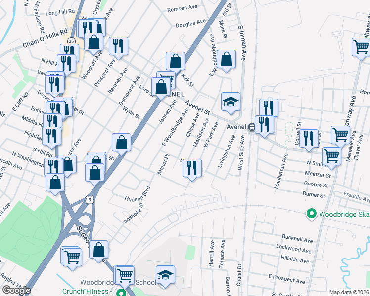 map of restaurants, bars, coffee shops, grocery stores, and more near 30 Chase Avenue in Woodbridge Township