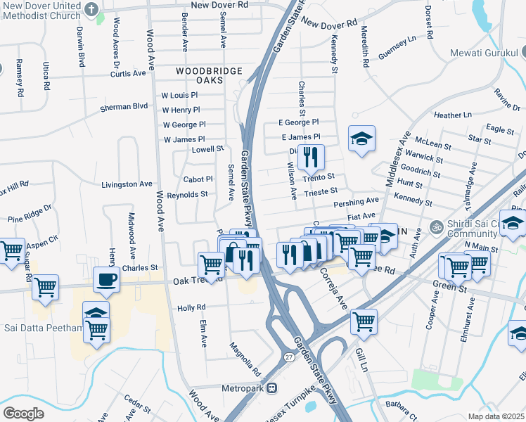 map of restaurants, bars, coffee shops, grocery stores, and more near 164 Pershing Avenue in Woodbridge Township