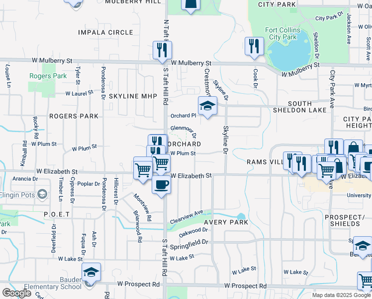 map of restaurants, bars, coffee shops, grocery stores, and more near 2008 West Plum Street in Fort Collins