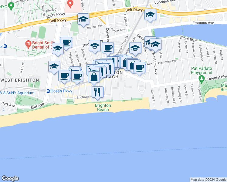 map of restaurants, bars, coffee shops, grocery stores, and more near 90 Oceana Drive West in Brooklyn