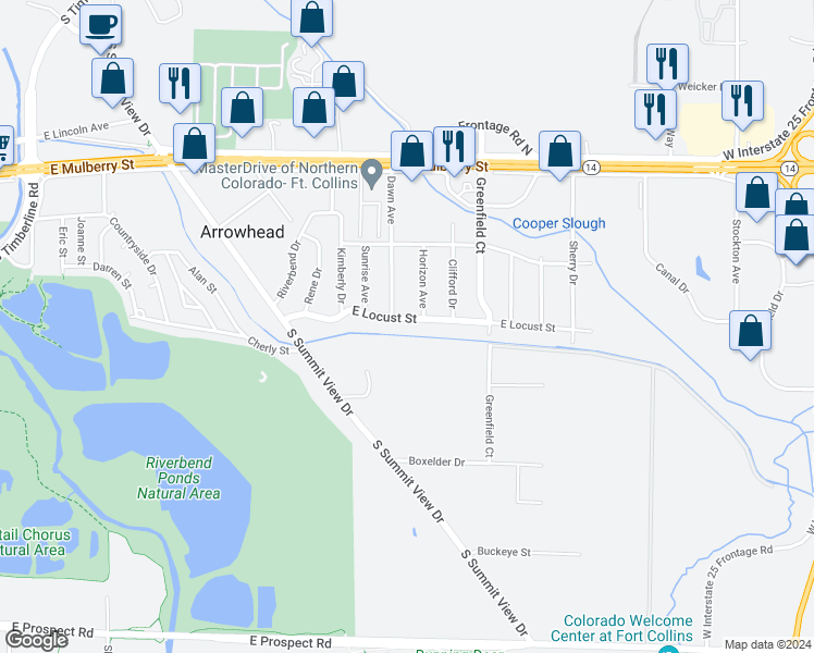 map of restaurants, bars, coffee shops, grocery stores, and more near 3209 East Locust Street in Fort Collins