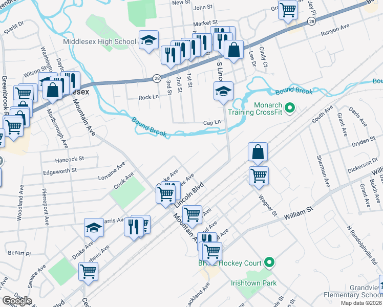 map of restaurants, bars, coffee shops, grocery stores, and more near 817 Drake Avenue in Middlesex