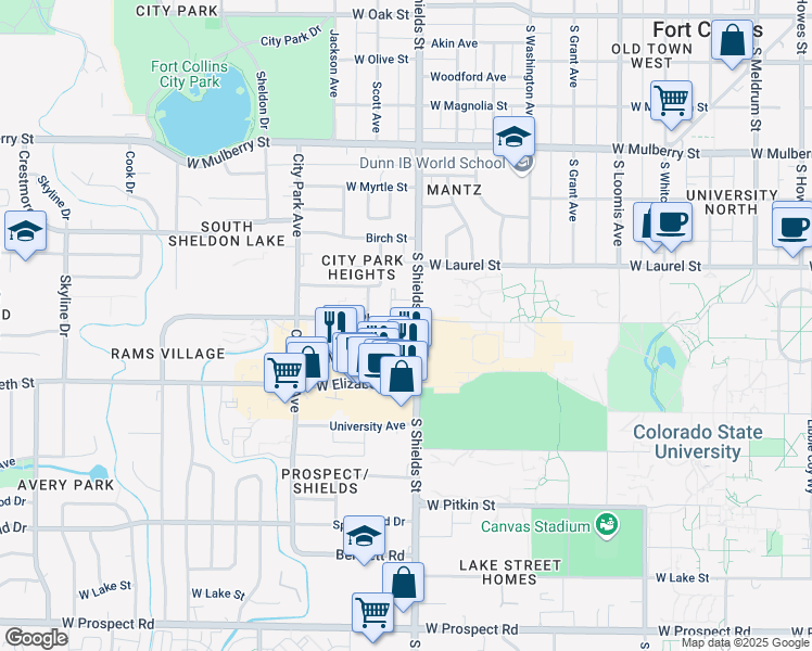 map of restaurants, bars, coffee shops, grocery stores, and more near 801 South Shields Street in Fort Collins