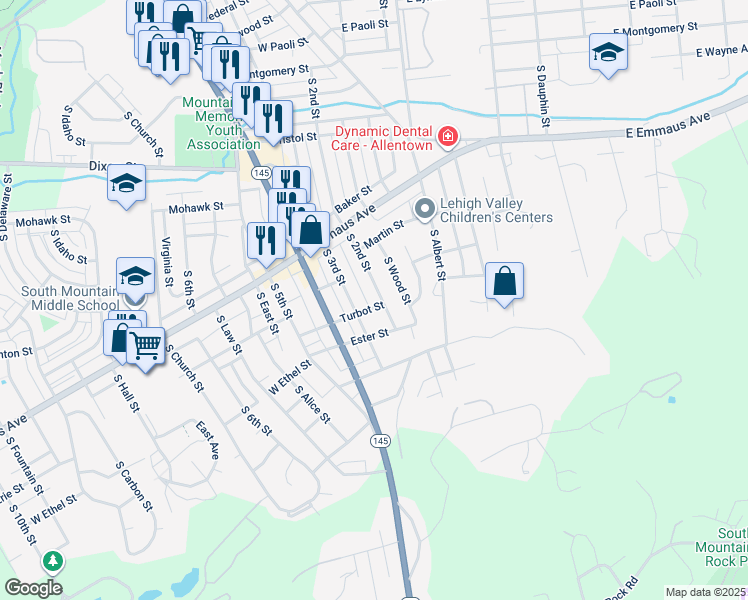 map of restaurants, bars, coffee shops, grocery stores, and more near 2324 South 2nd Street in Allentown